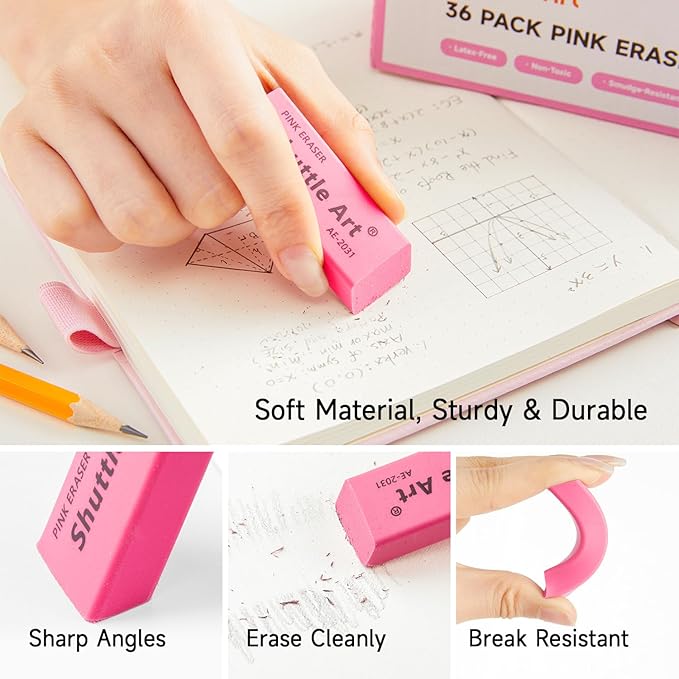 Shuttle Art Pink Erasers, 36 Pack Erasers Bulk, Latex-Free, No Smudge, Soft - Image 2