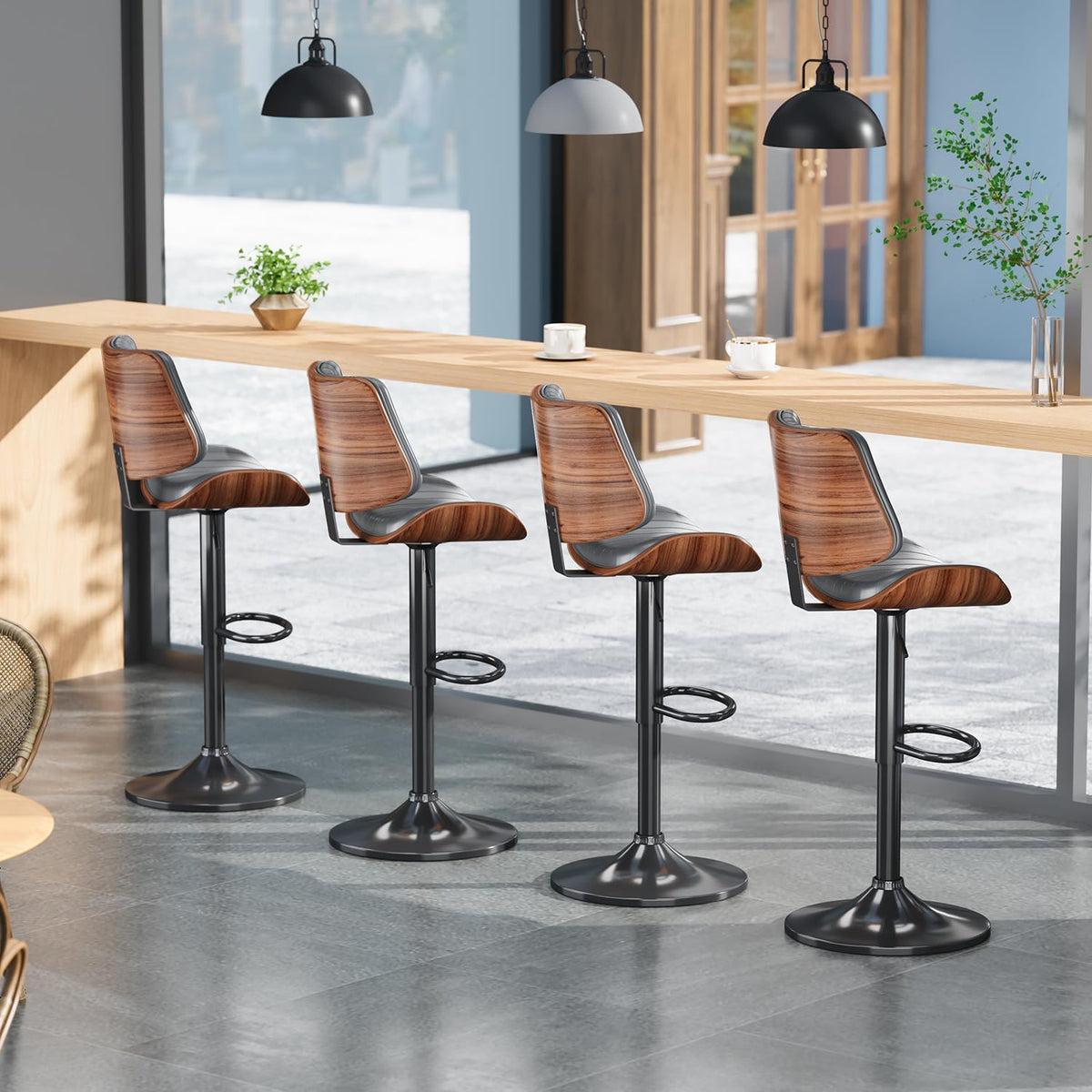 Swivel Bar Stools 4PCS, Adjustable Bentwood Barstools for Kitchen Counter