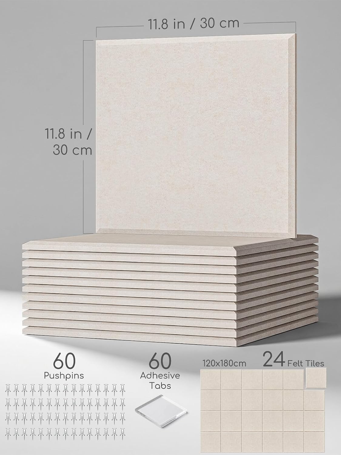 Thick Felt Pin Board Tiles 24 Pack, 11.8x11.8 Bulletin Board for Wall