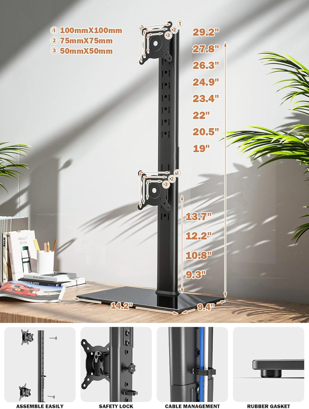 dual monitor stand - vertical stack screen free-standing showing dimensions
