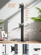 dual monitor stand - vertical stack screen free-standing showing dimensions