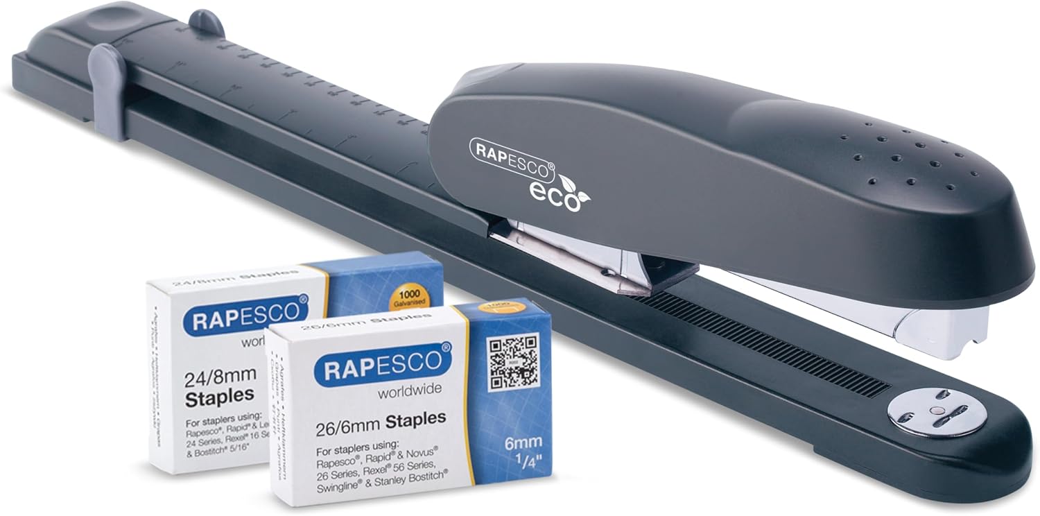 Rapesco 1480 ECO 790 Long Arm Stapler, 50 Sheet Capacity, Charcoal | Heavy-Duty All-Metal Chassis, Includes 2000 Staples, Rotating Anvil for Pinning, Adjustable Paper Guide, for Office