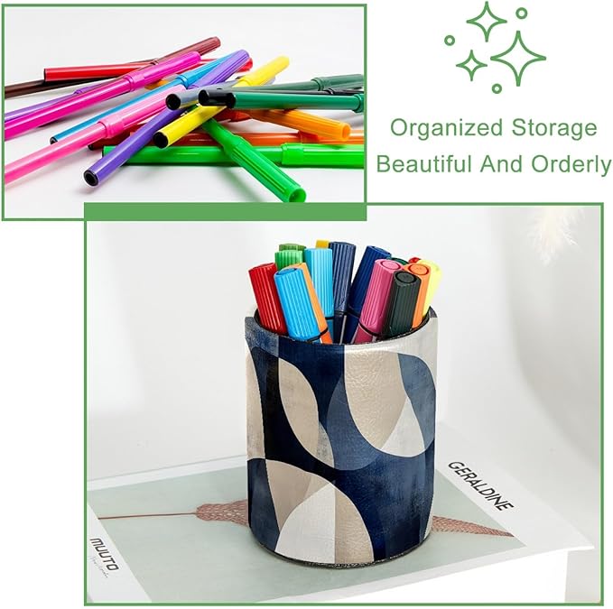 Leather Pen Holder for Desk, Abstract Geometric Blue Brown Print Pencil Cup - Image 3