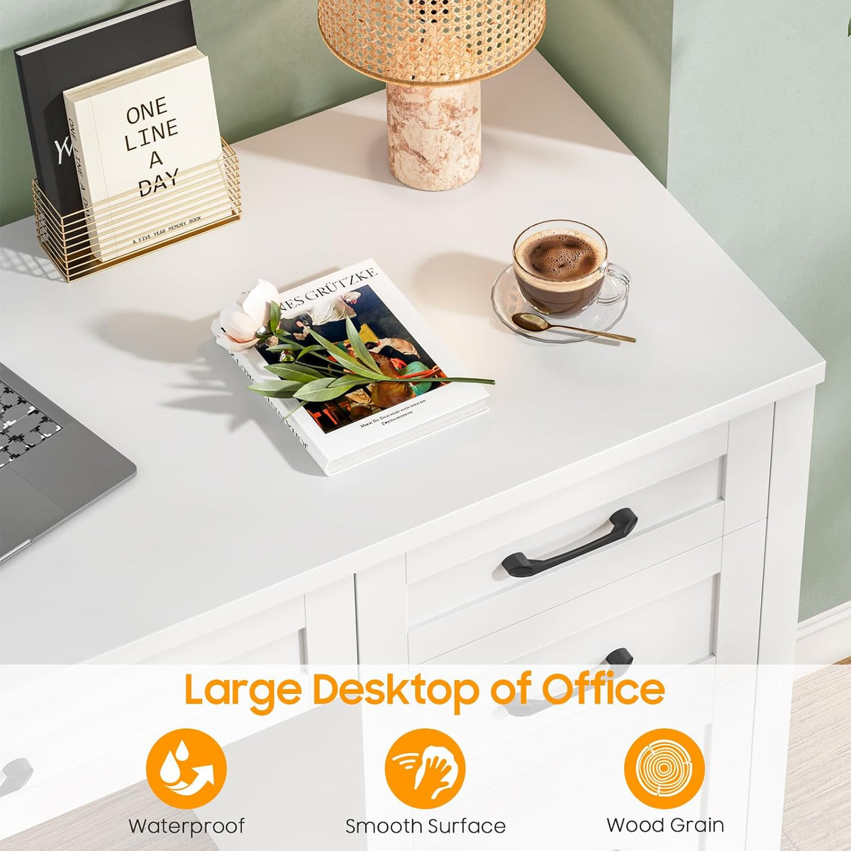 Farmhouse 47" Executive Desk, Computer Desk with File Drawer, Cream White