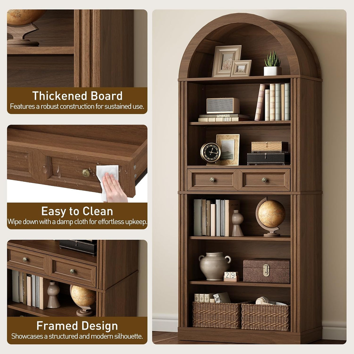 RALGEND Arched Bookshelf, 73" Tall Arch Bookcase with Drawer, 6-Tier Far...