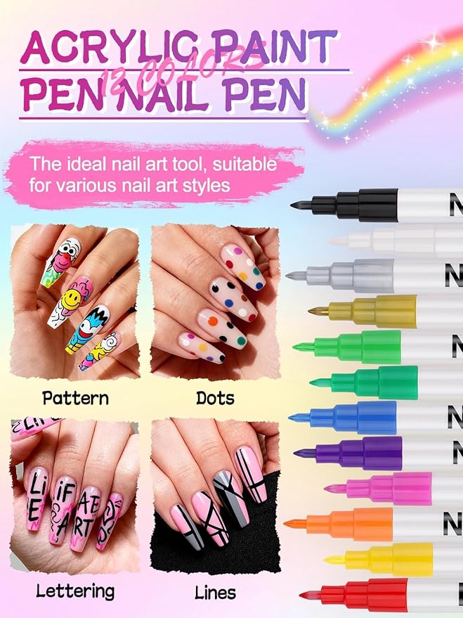 EBANKU 12 Colors Nail Art Pens Set, 3D Nail Polish Pens Acrylic Paint Pens Nail - Image 2