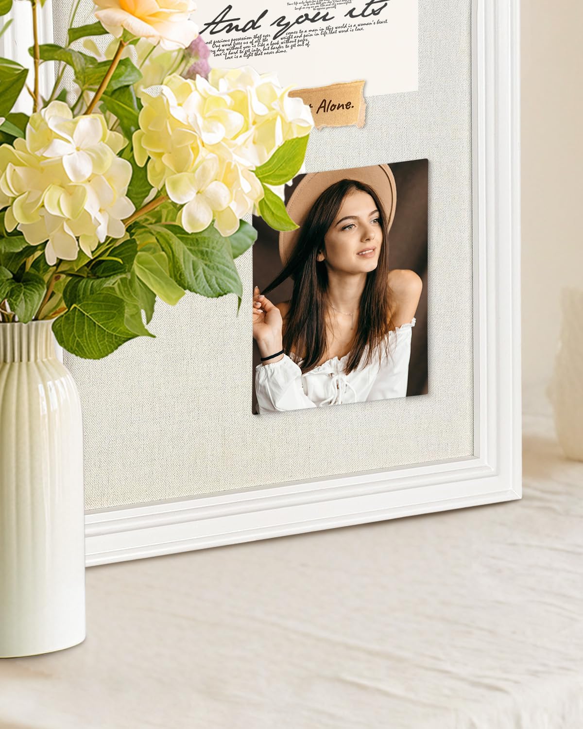 Bulletin Board with Linen, 13x17 inches Pin Board with White Frame, Decorativ...