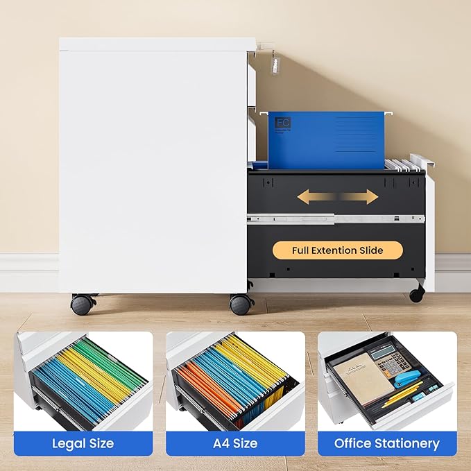 MIIIKO White Filing Cabinet 3 Drawers on Wheels Under Desk, Metal Rolling File - Image 4