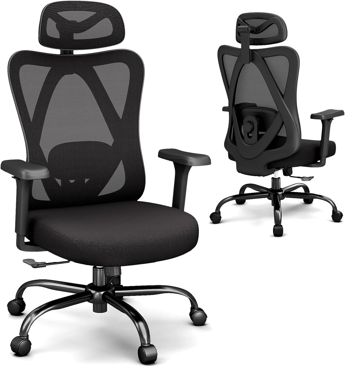 mesh office chair with headrest, lumbar support, 3d, front angle view