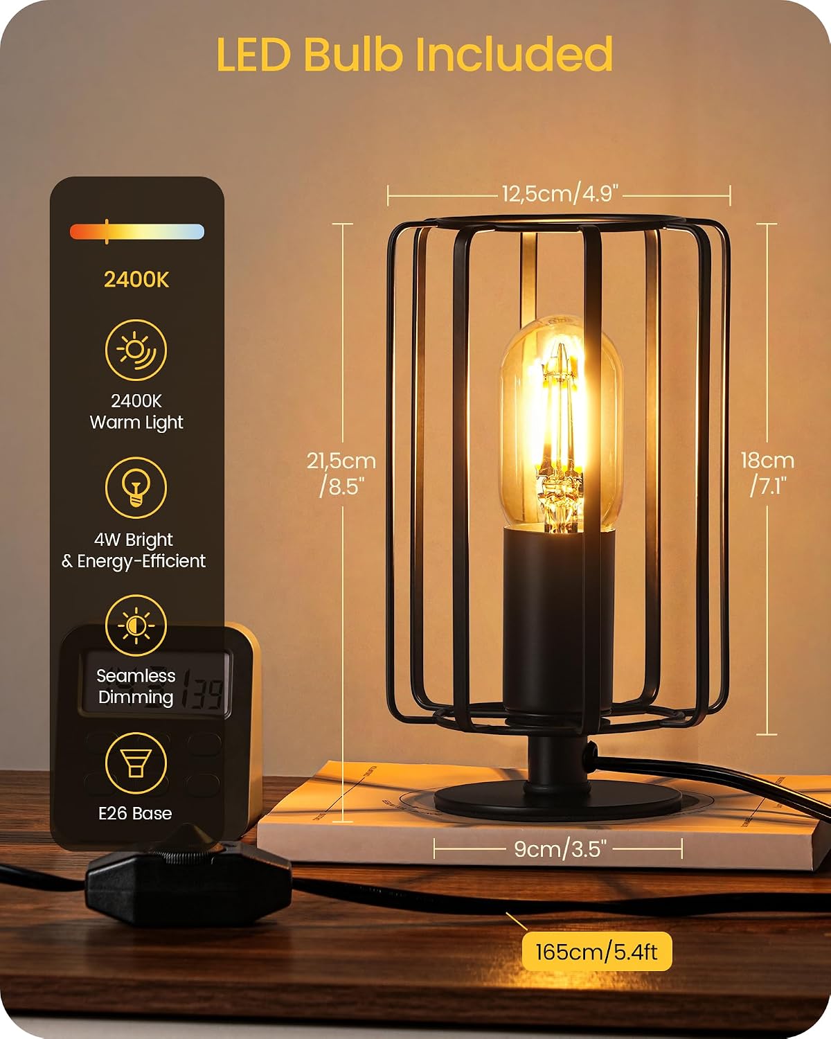 Industrial Table Lamp Set of 2, Small Bedside Lamp with Dimmable 2400K Warm L...