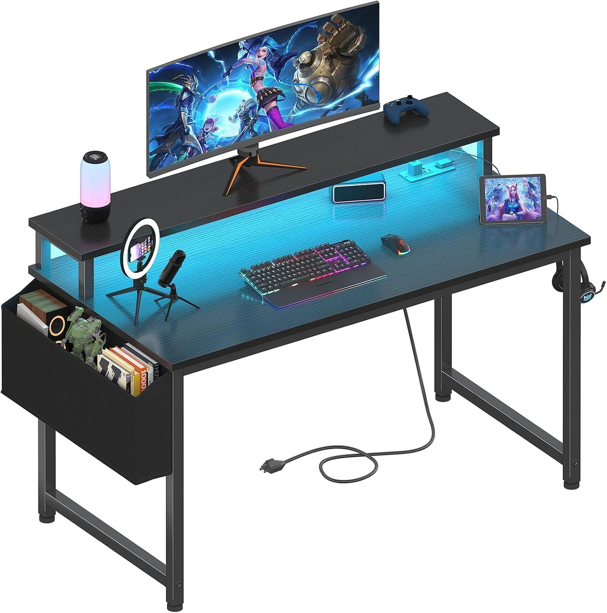 Lufeiya Black Gaming Desk with LED Lights and Power Outlets, 40 Inch Teen Wri...