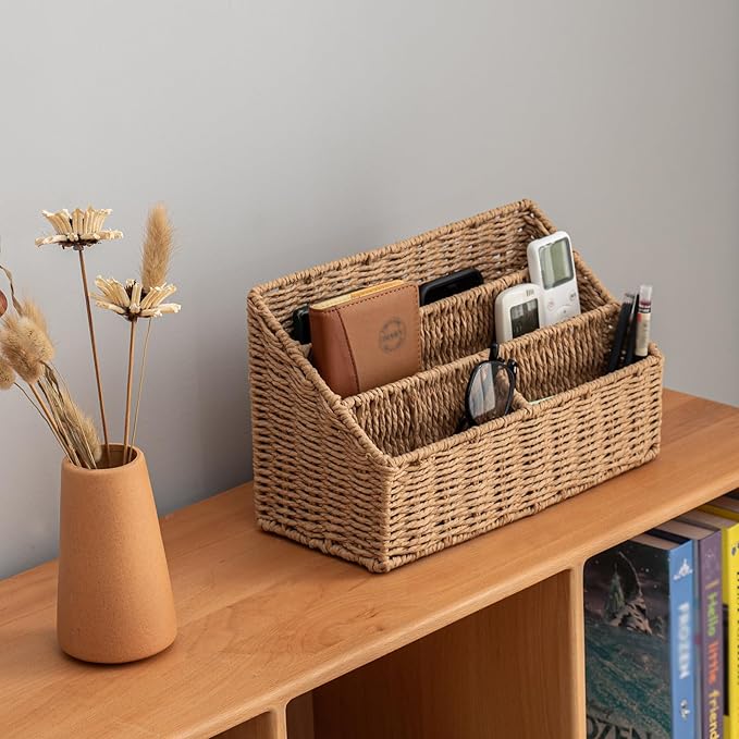 Woven Divided Storage Basket Desk Organizer Tabletop Mail Holder Countertop - Image 3