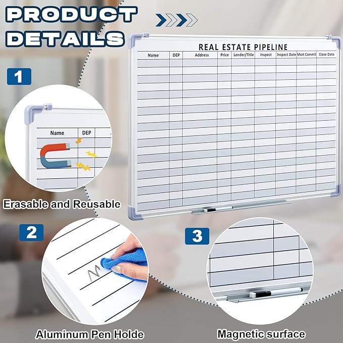 Lincia 36"x 24" Real Estate Whiteboard Lined White Board Dry Erase Real Estate - Image 3