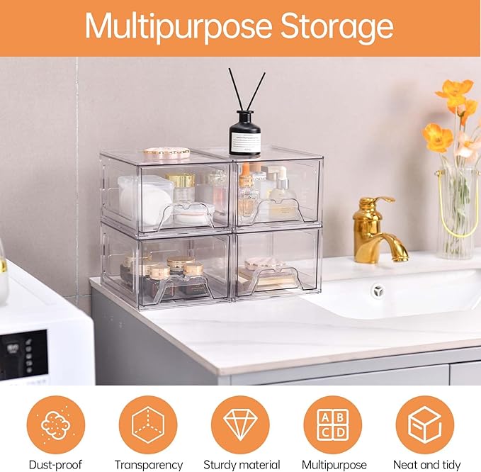 Stebopum 4 Pack Stackable Makeup Organizer, 4.4'' Tall Acrylic Bathroom Makeup - Image 4