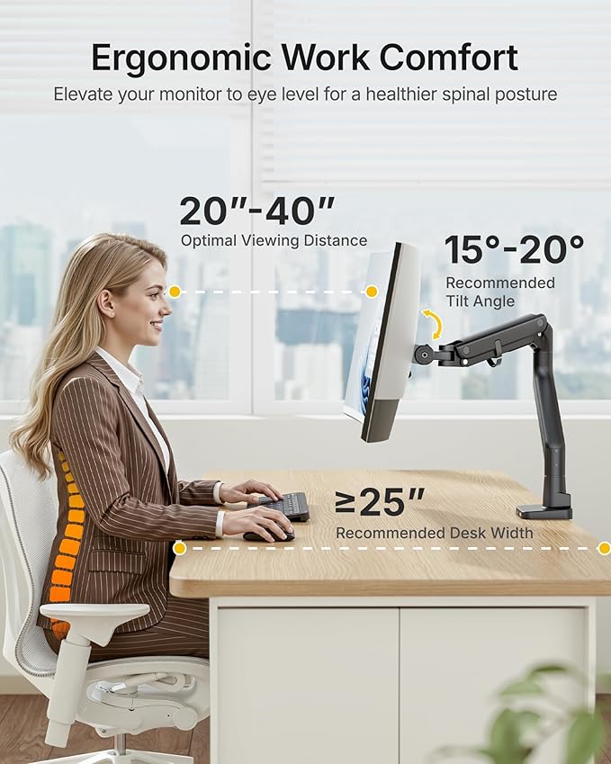 monTEK Single Monitor Arm with USB A/C, Ultrawide Monitor Stand - Image 3