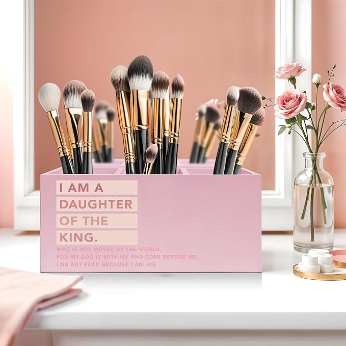 Exqcom Pink Christian Makeup Brush Holder, Daughter of the King Bible Verses - Image 5