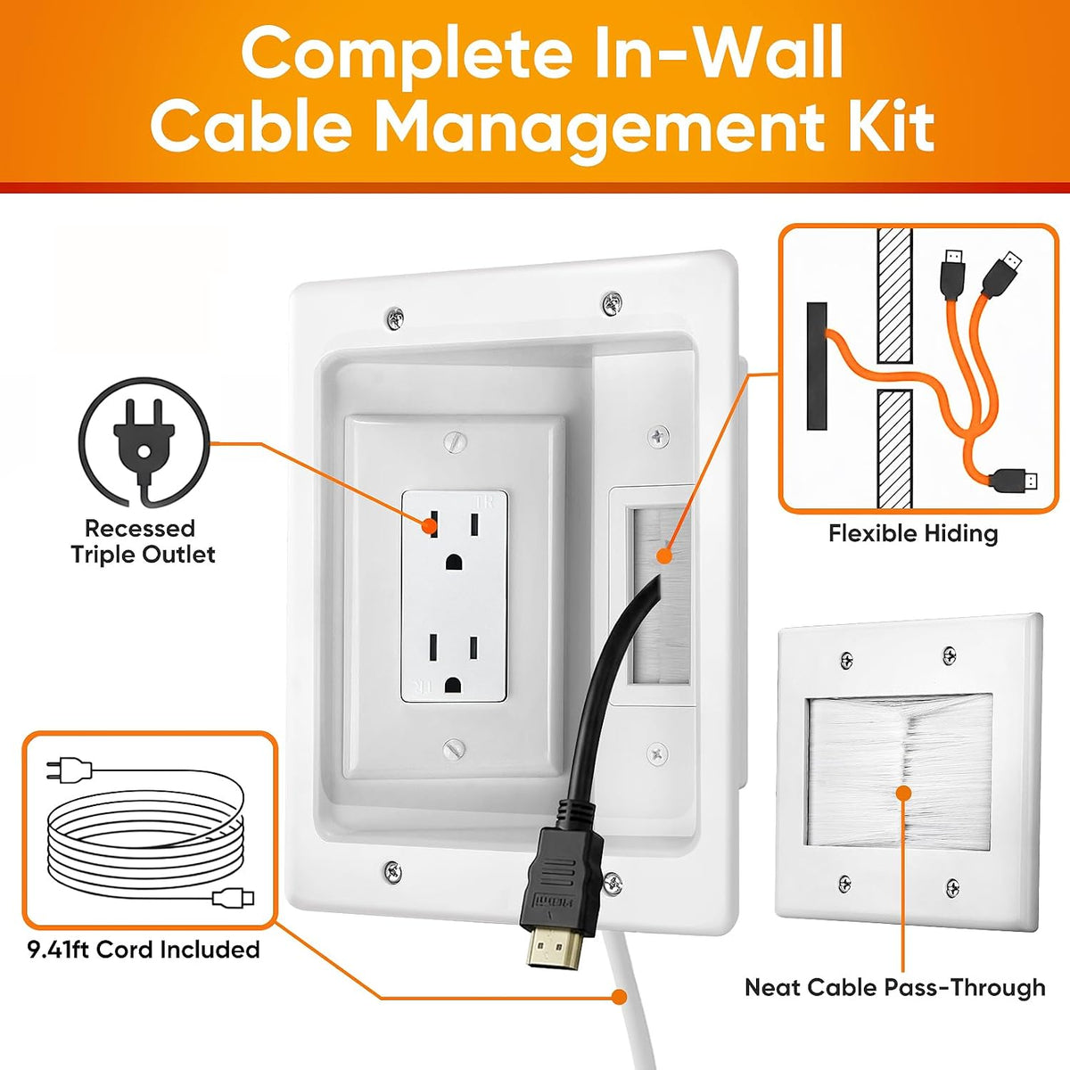 in Wall Cable Management Kit, TV Cable Hider Wall Kit with Recessed Outlet