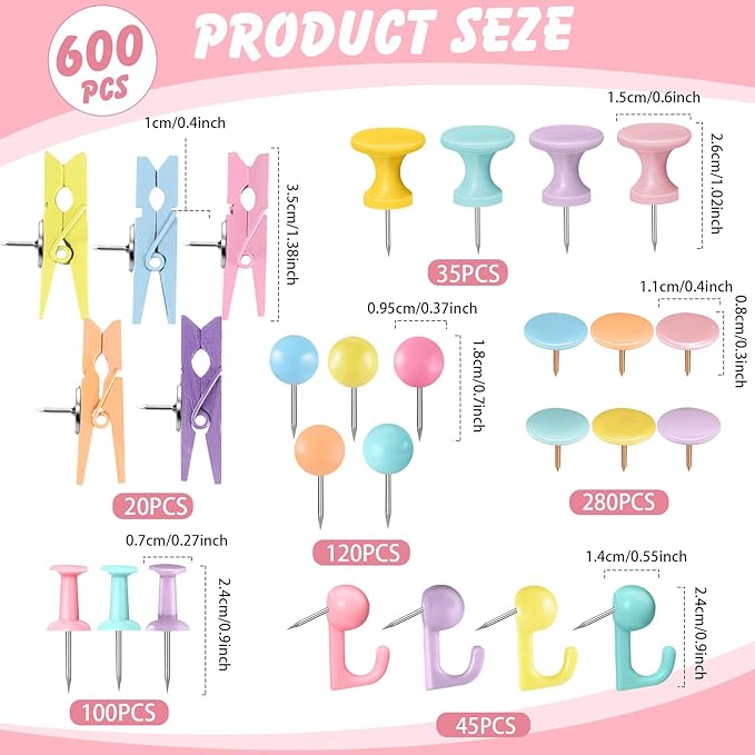 600 Pcs Decorative Push Pins, Colorful Thumb Tacks 6 Types Cute Push Pin Clips - Image 2