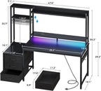 Casaottima 48 Inch Gaming Desk with Shelves & Hutch & 3 Drawers & LED Light | Reversible PC Desk with Tower Stand & Power Outlets, Computer Desk for Home Office, Carbon Fiber Black