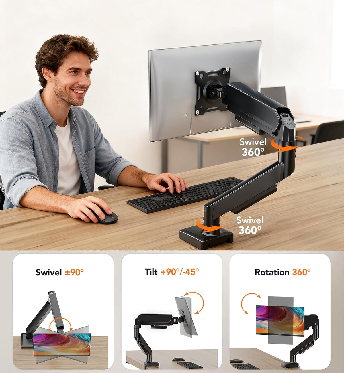Single Monitor Mount, Gas Spring Arm for 17-32 inch Screens Adjustable Monito...