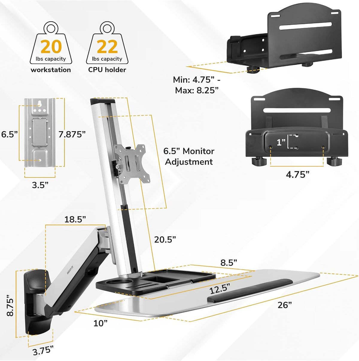 Mount-It! Monitor Wall Mount Arm, Keyboard Tray & CPU Holder, Sit-Stand