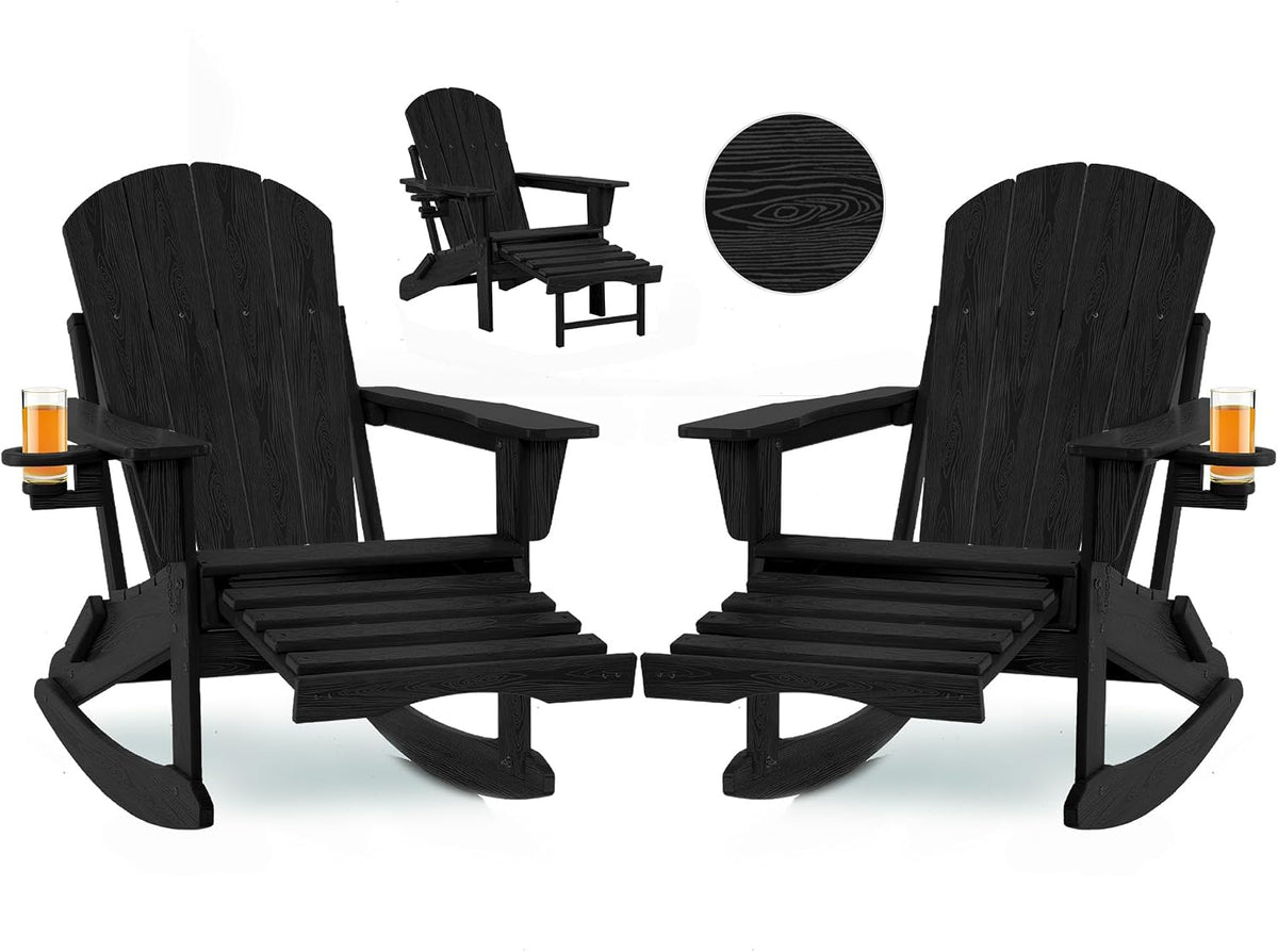 Folding Adirondack Rocking Chair 4-in-1 Retractable Ottoman,Black