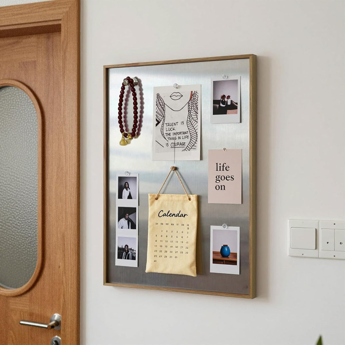 Wood Frame Stainless Steel Magnetic Bulletin Board for Wall