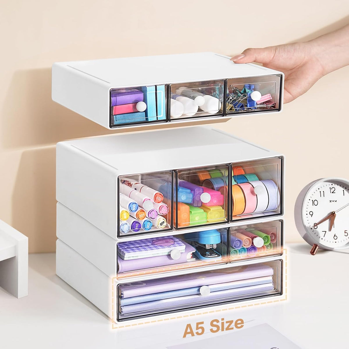 desk storage organizer with 9 drawers, 4 tiers shown in use