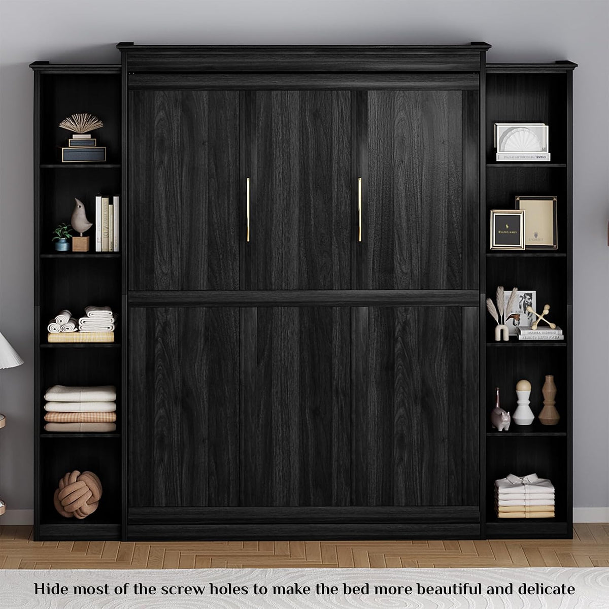 Rophefx Queen Murphy Bed Cabinet with 5-Tier Shelves, Wall Bed,Black Gray