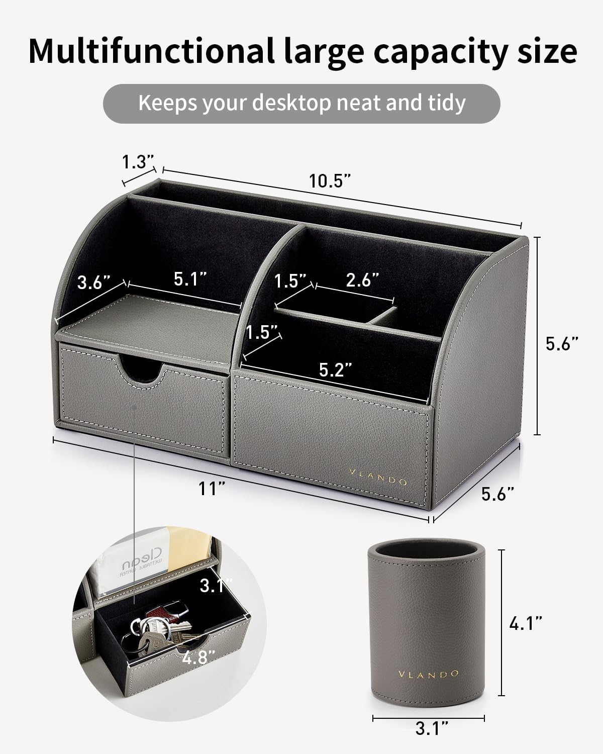 VLANDO 2 Pcs PU Leather Desk Caddy Set with Drawer,Pen Holder