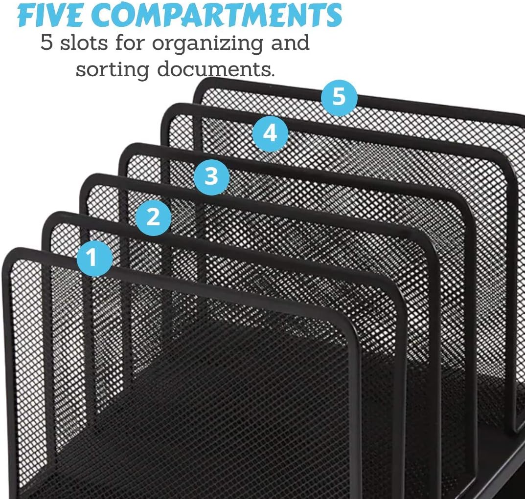 1InTheOffice Metal Mesh File Organizer, Black Wire Mesh 5 Section Incline Sorter