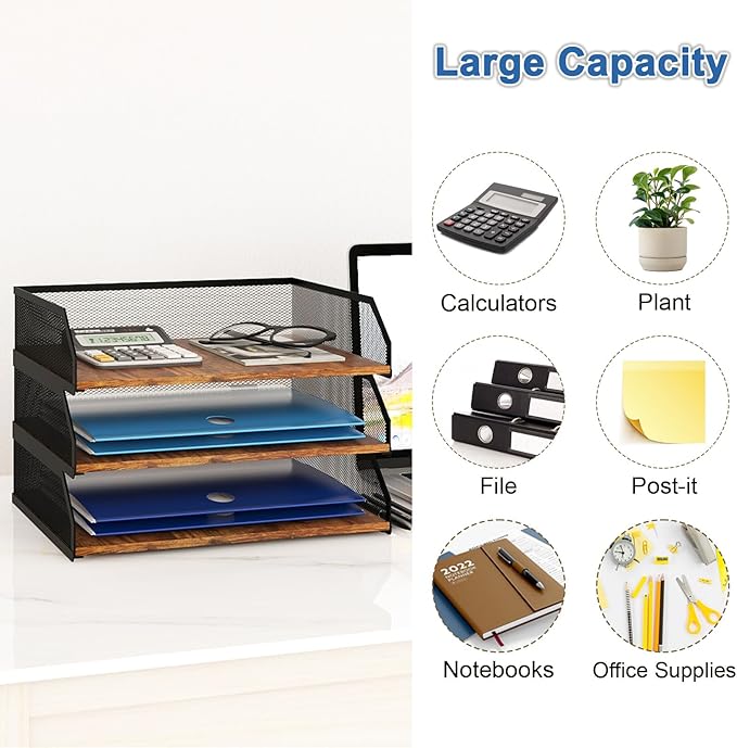 Natwind 3-Tier Stackable Paper Tray, Metal Mesh Desktop Organizer, Paper Sorter - Image 4
