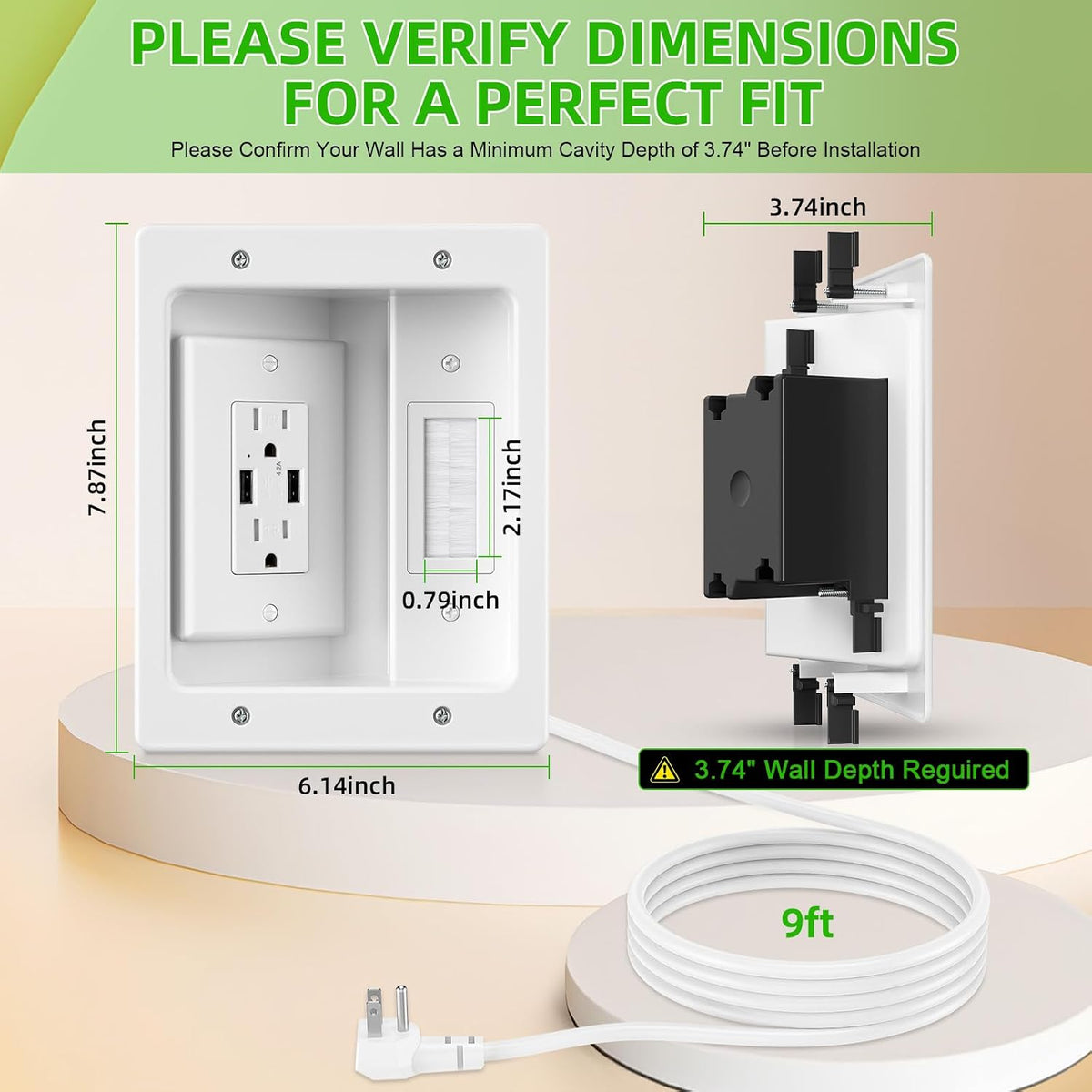 in Wall Cable Management Kit with Brush Wall Plate,AC Outlets & USB-a Por...