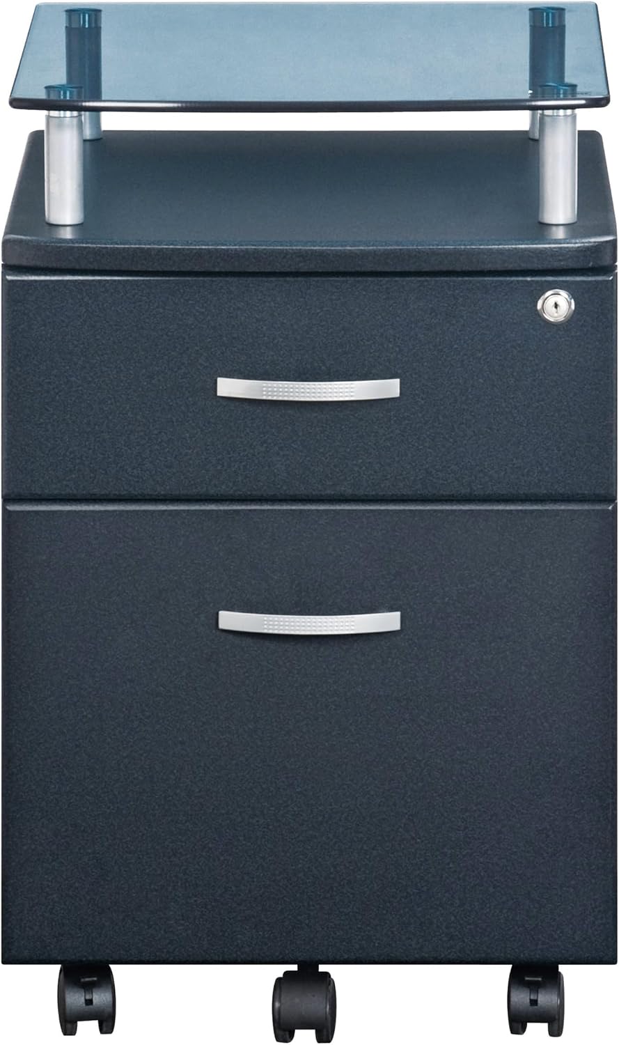 2‑Drawer Rolling File Cabinet with Lock, Glass Top,Fits Under‑Desk,Graphite | Rolling 2‑drawer file cabinet with lock, glass top, storage shelf, smooth wheels, under‑desk design work as a printer stand
