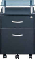 2‑Drawer Rolling File Cabinet with Lock, Glass Top,Fits Under‑Desk,Graphite | Rolling 2‑drawer file cabinet with lock, glass top, storage shelf, smooth wheels, under‑desk design work as a printer stand
