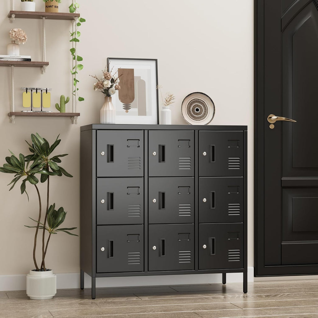 9-Door Metal Employee Locker with Keyed Locks and Raised Feet | 9 keyed compartments with name-card slots, ventilation and raised feet; 35.51"W x 15.79"D x 37.8"H. Assembly required.