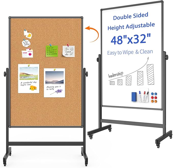 Double-Sided Whiteboard and Corkboard on Wheels, 48 x 32 Inch Magnetic Dry by WOREEY