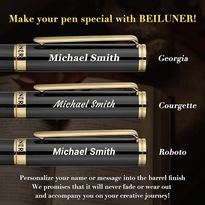 BEILUNER Black Personalized Fountain Pen, Stunning Luxury Lacquer, 24K Gilded - Image 2