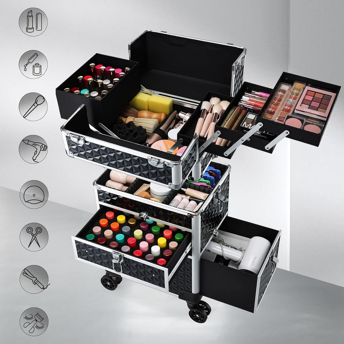Joligrace Rolling Makeup Case with Drawers - Tattoo Storage Organizer Travel ...