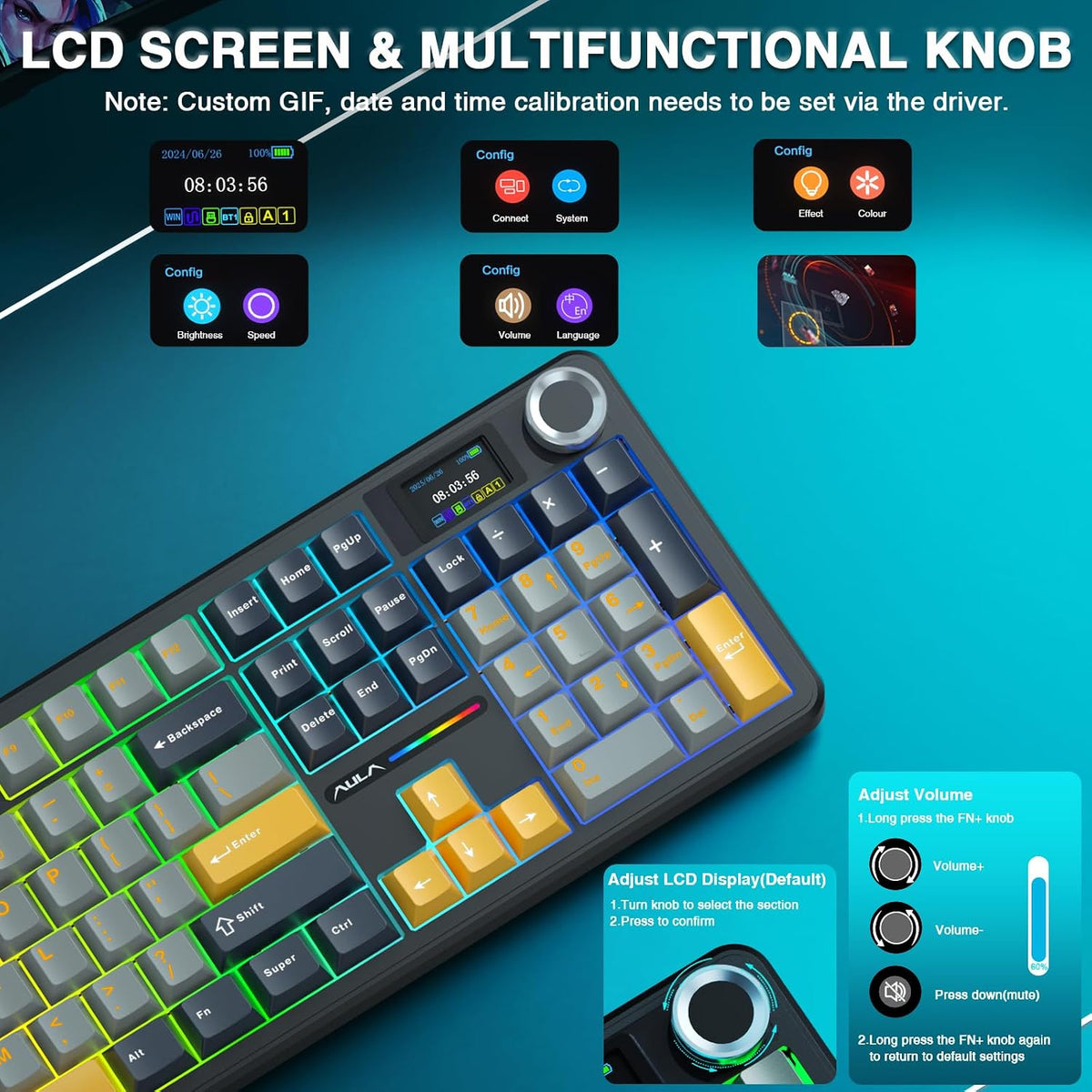 AULA F108 PRO - Wireless Mechanical Keyboard with Screen&Knob,Hot Swappab...