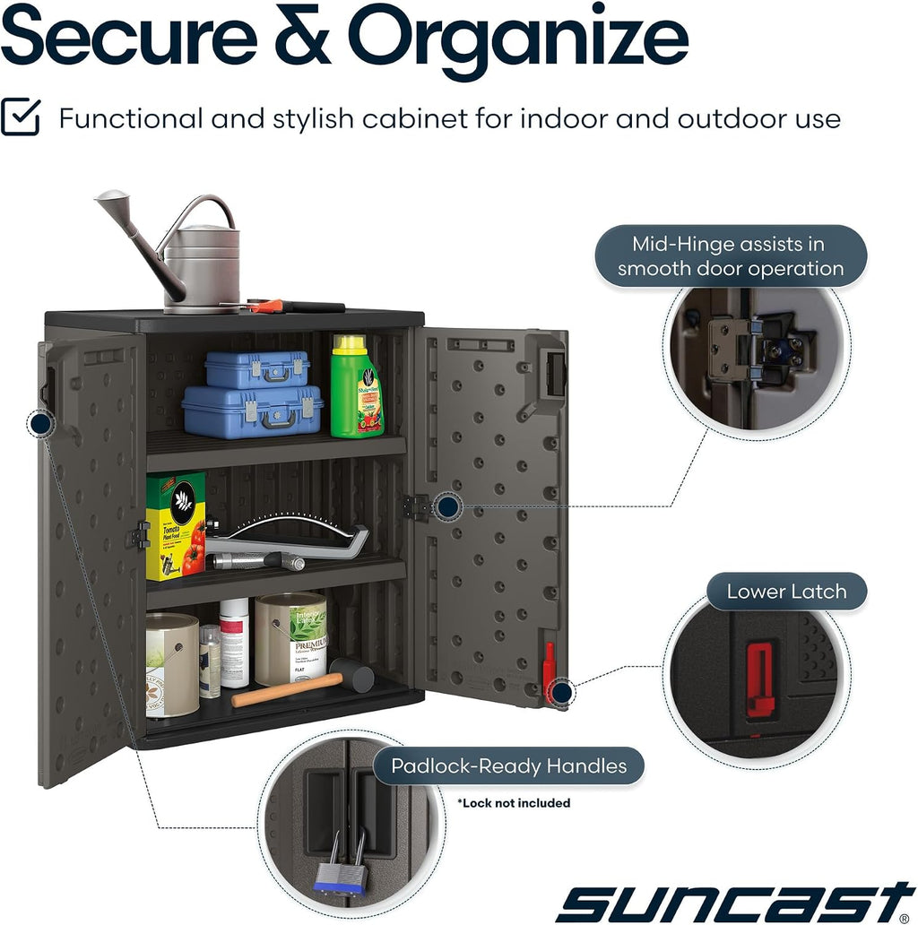 suncast 30" heavy-duty resin garage cabinet, lockable, dark, front angle view