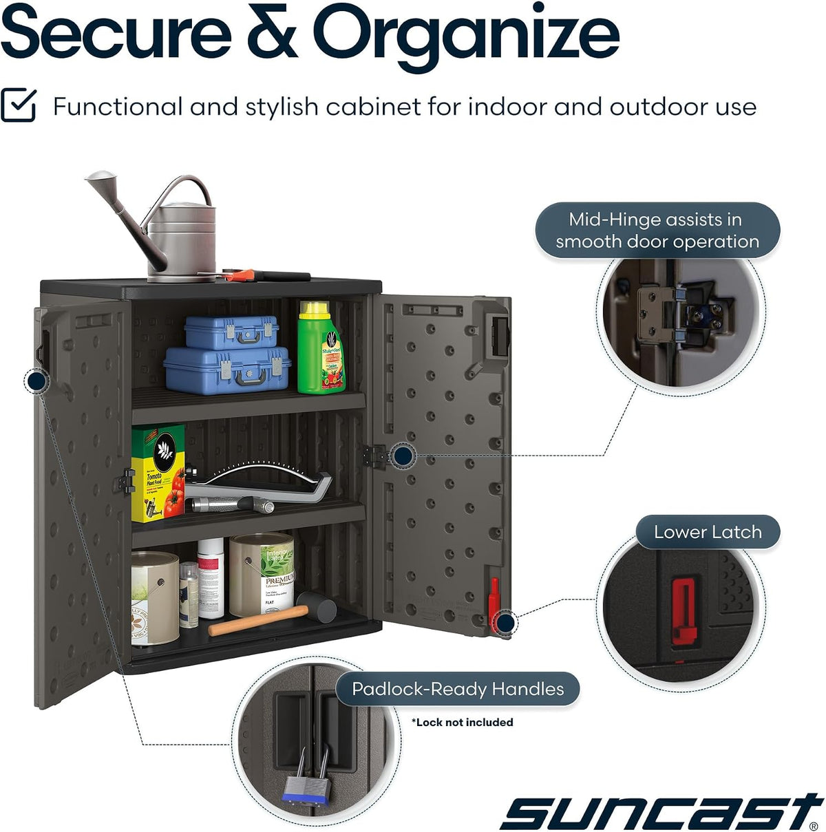 suncast 30" heavy-duty resin garage cabinet, lockable, dark, front angle view