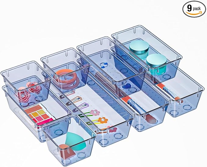 WOWBOX 9 Pack Clear Drawer Organizer Set, Acrylic Drawer Storage Trays by WOWBOX