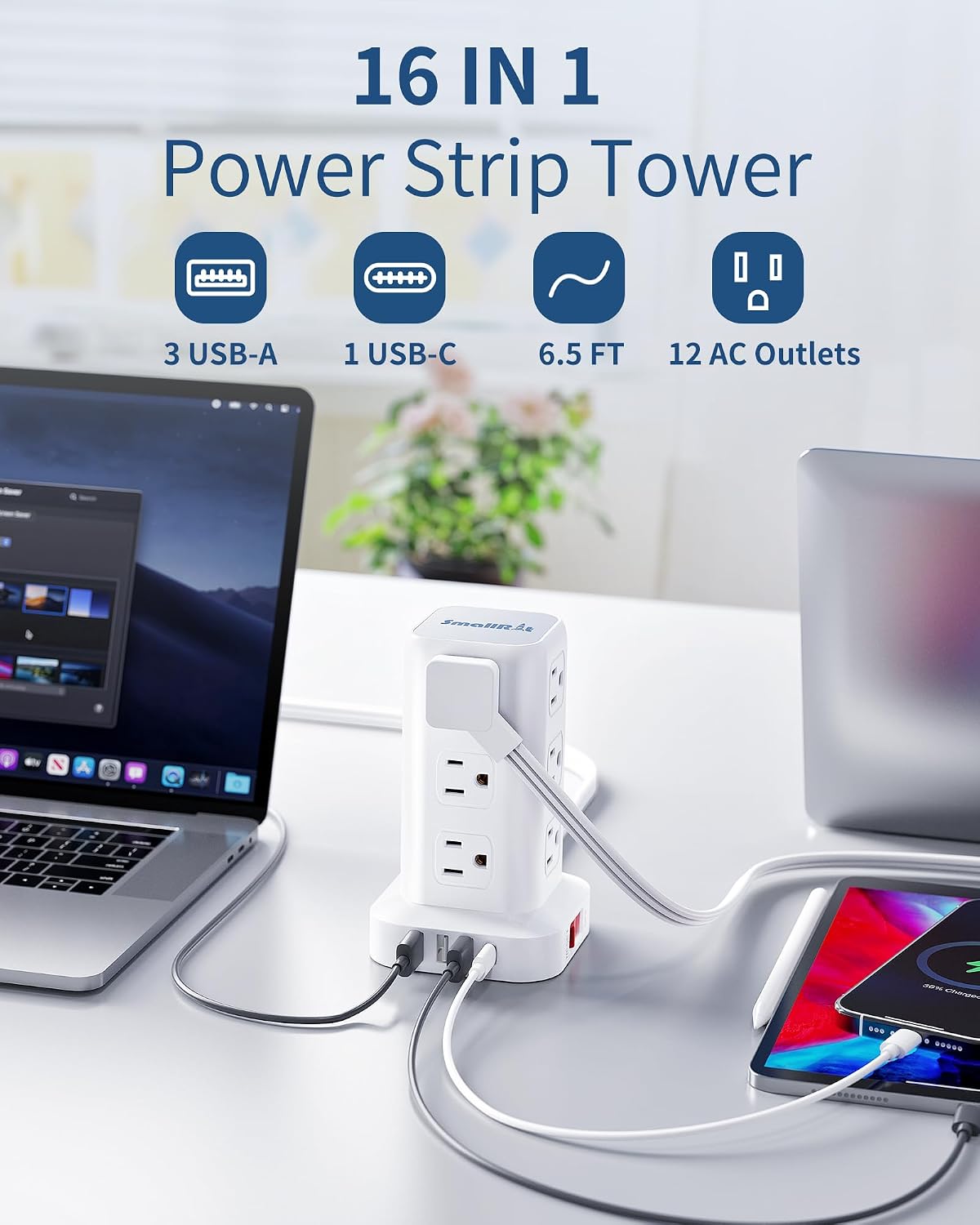 Extension Cord with Multiple Outlets, SMALLRT Flat Plug Power Strip Tower wit...
