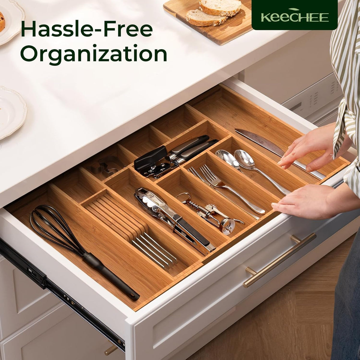 keechee Carbonized Large Bamboo Kitchen Drawer Organizer, 12 Slots Expandable...