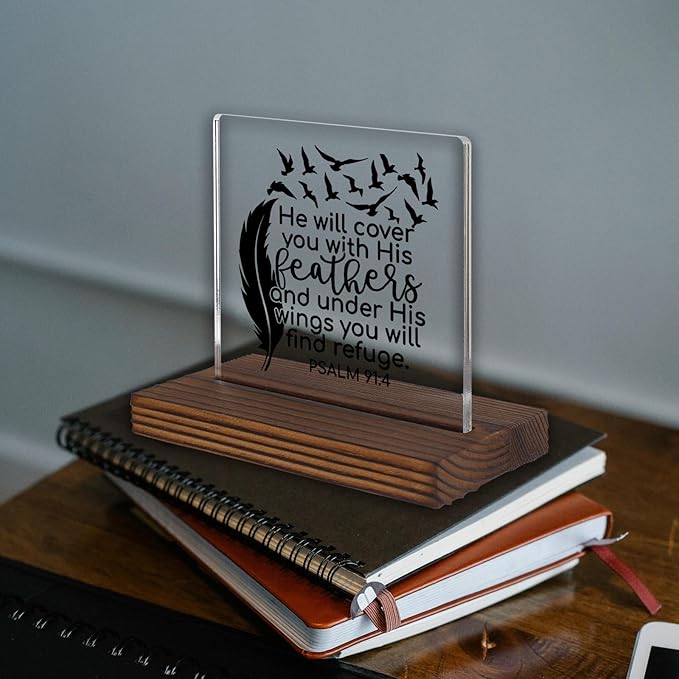 Christian Bible Verse Desk Sign, Psalm 91:4 Feather Wings Inspirational - Image 2