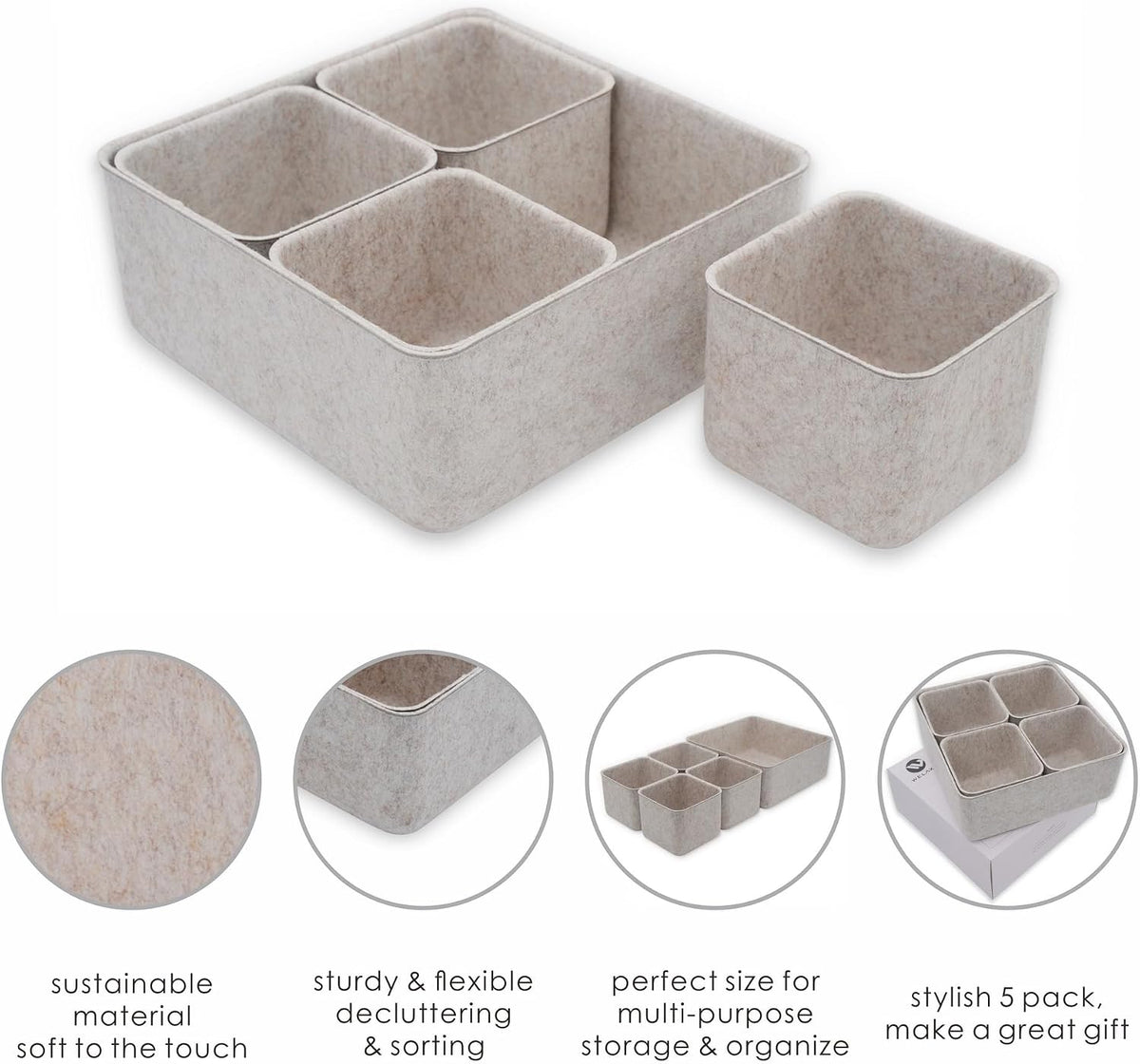 Welaxy 5pc Desk Drawer Organizers Storage Bin Closet Cabinet Box, Oatmeal
