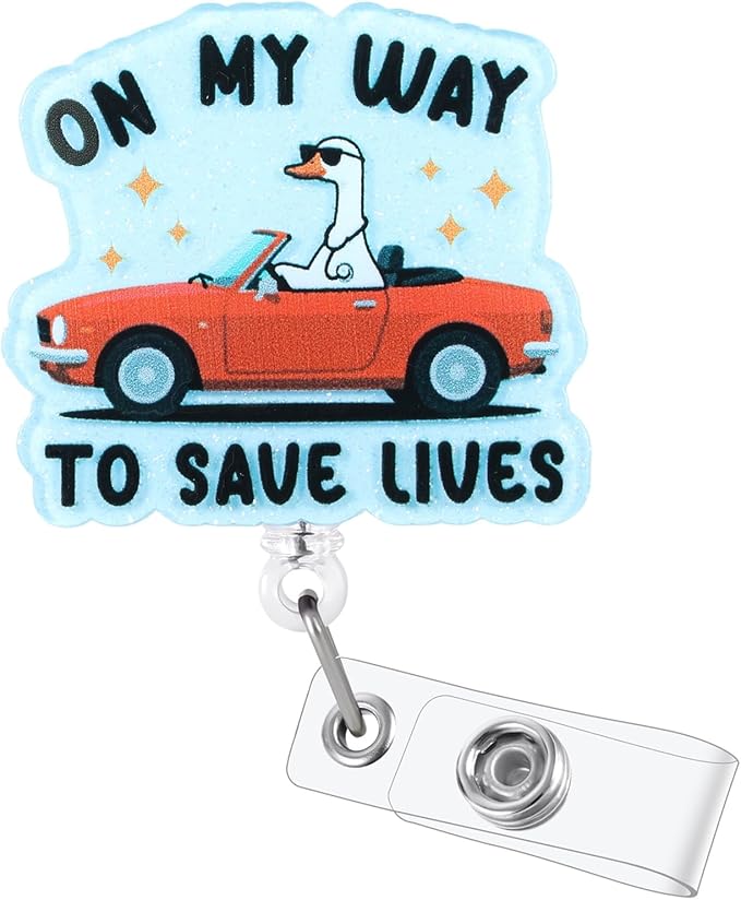On My Way To Save Lives Funny Silly Goose Nurse Badge Reel, Cute Paramedic by LINAYOHA