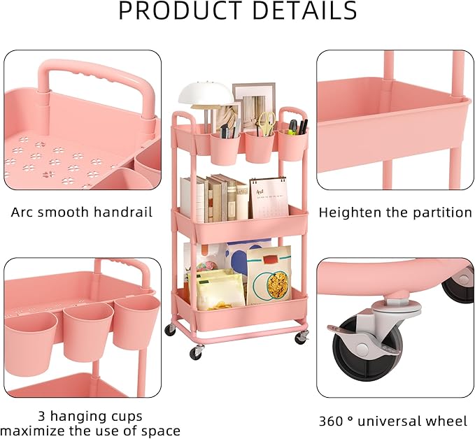 JIUYOTREE 3-Tier Plastic Rolling Storage Cart Utility Cart - Image 7