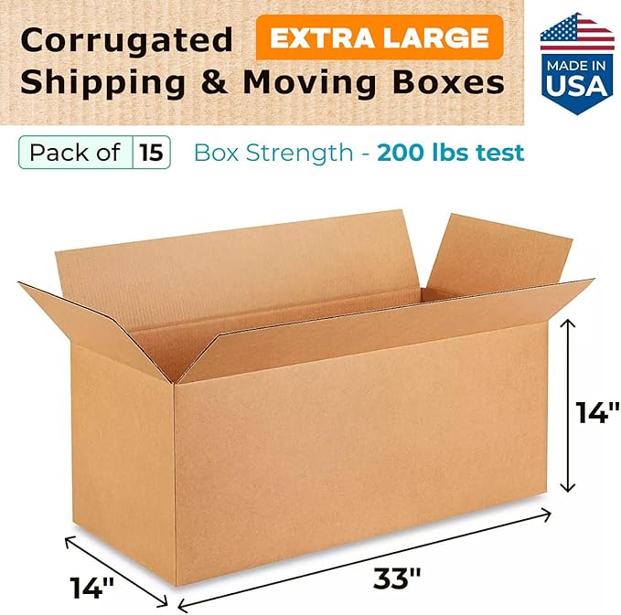 IDL Packaging B-331414-15 Large Corrugated Moving Boxes 33"L x 14”W x 14"H - Image 2